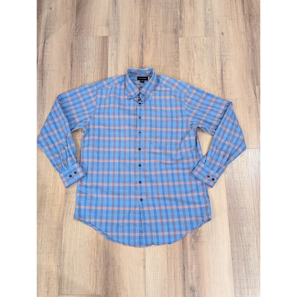 Scott Barber Mens L Blue Plaid Button Front Shirt Long Sleeve 100% Cotton